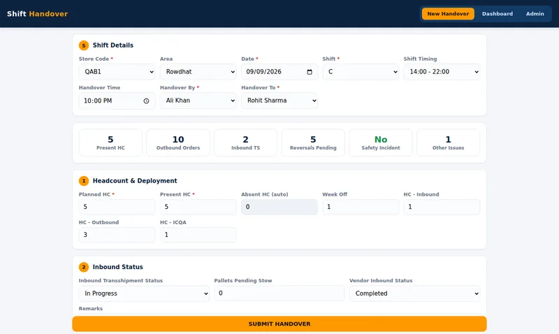 Shift handover web app form with demo data