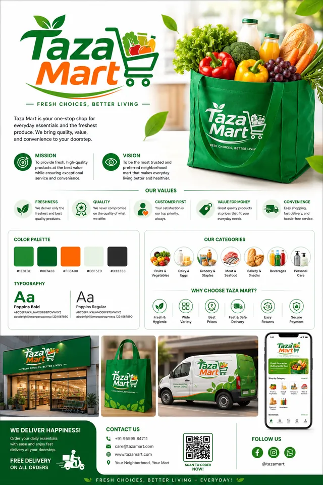 Taza Mart brand board with logo, colours and typography